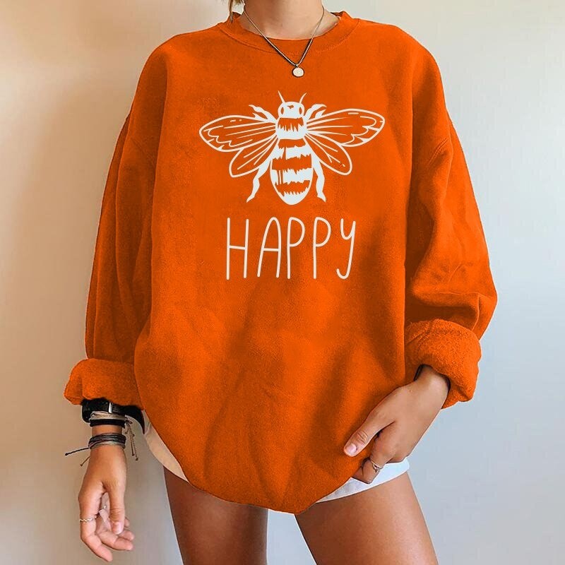 Sweat-shirt Abeille pour femme inscription BEE HAPPY à manches longues orange