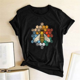 T-shirt Abeille col ras du cou en coton pour femme imprimé nid d'abeille noir