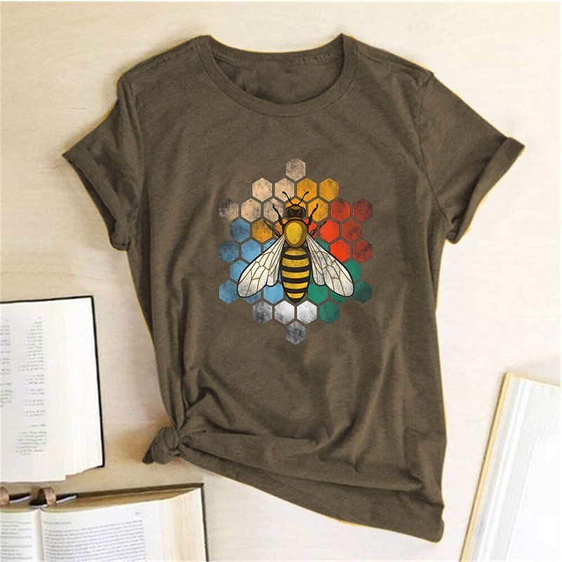 T-shirt Abeille col ras du cou en coton pour femme imprimé nid d'abeille marron