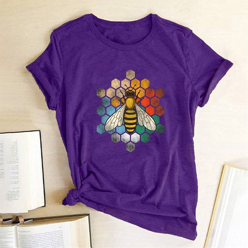 T-shirt Abeille col ras du cou en coton pour femme imprimé nid d'abeille violet