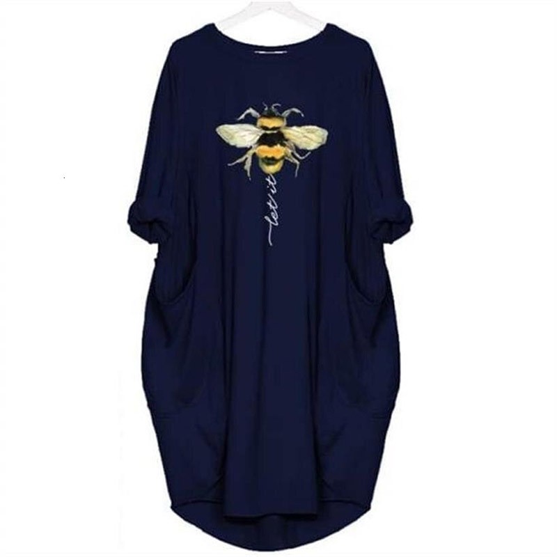 T-Shirt Long Abeille pour Femme avec 2 poches Let it Bee couleur bleur marine