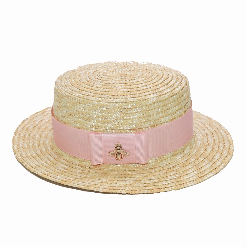 Chapeau de paille cannotier avec ruban et broche abeille strass rose