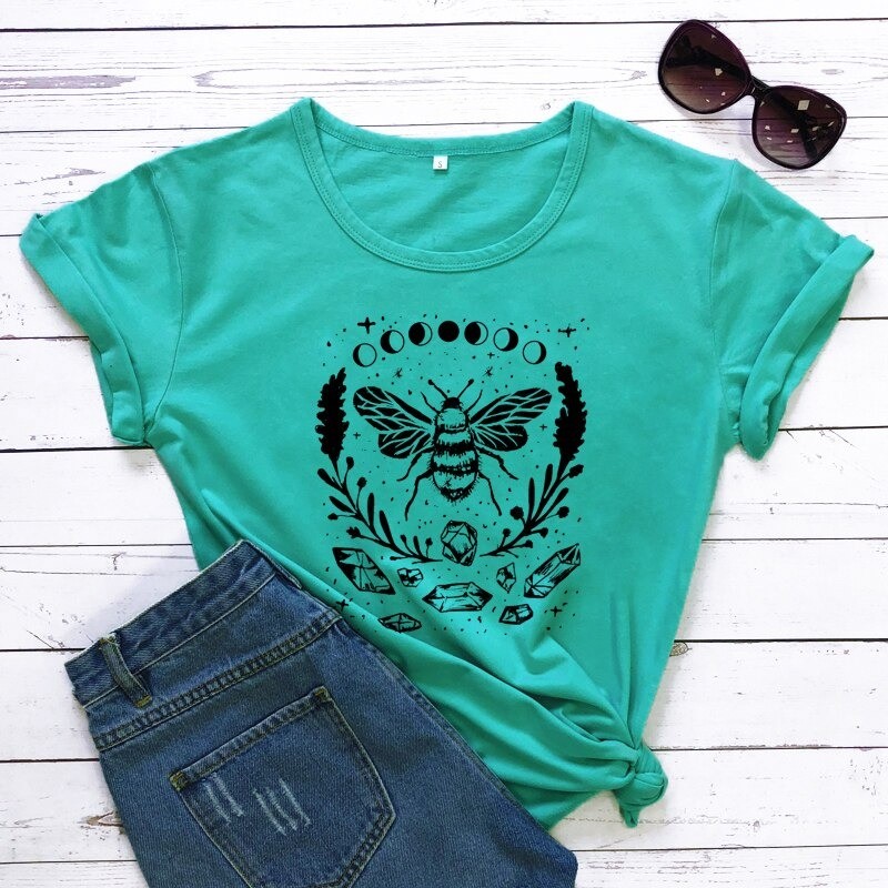 T-shirt femme abeille Phases de lune vert menthe