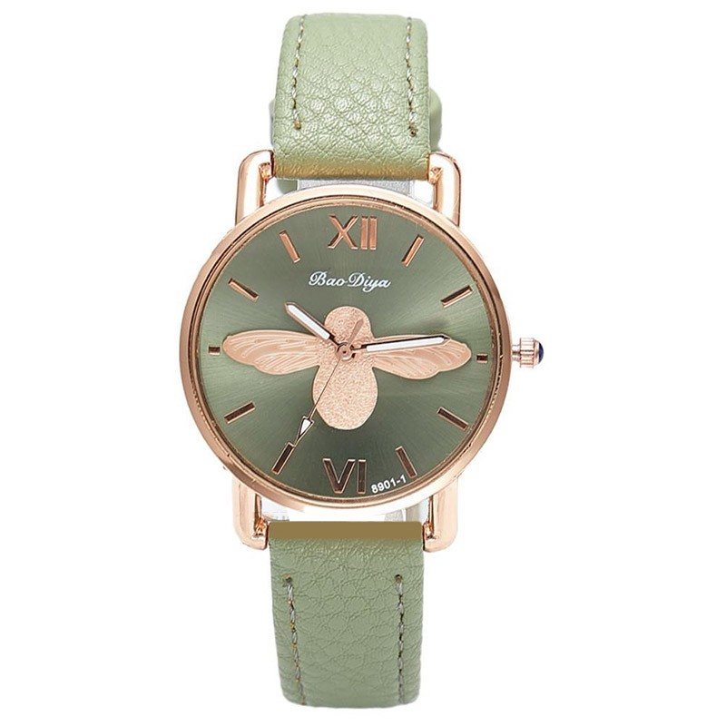 Montre abeille pour femme bracelet en cuir horloge à quartz verte