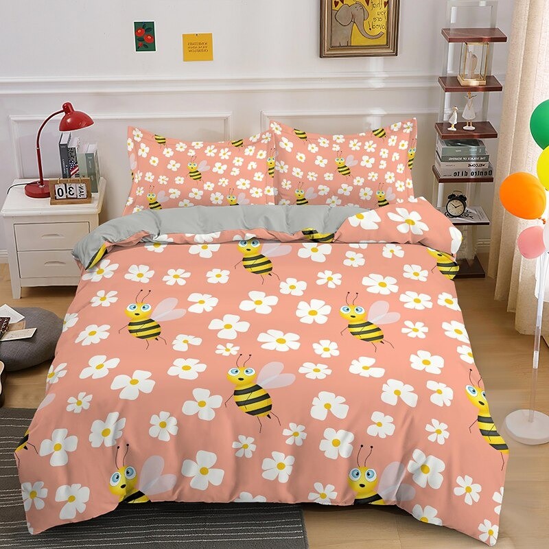 Parure de lit abeille - housse de couette avec taie d'oreiller Abeilles volant sur fond rose avec fleur