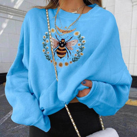 Magnifique Sweatshirt motif abeille à manches longues pour femme bleu