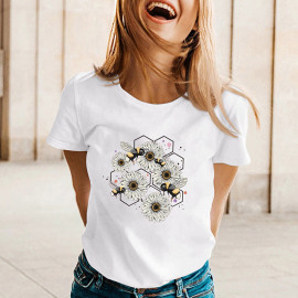 T-shirt fluide pour l'été  abeilles et marguerites - couleur blanc