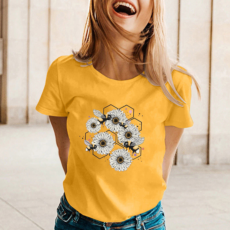 T-shirt fluide pour l'été  abeilles et marguerites - couleur Jaune