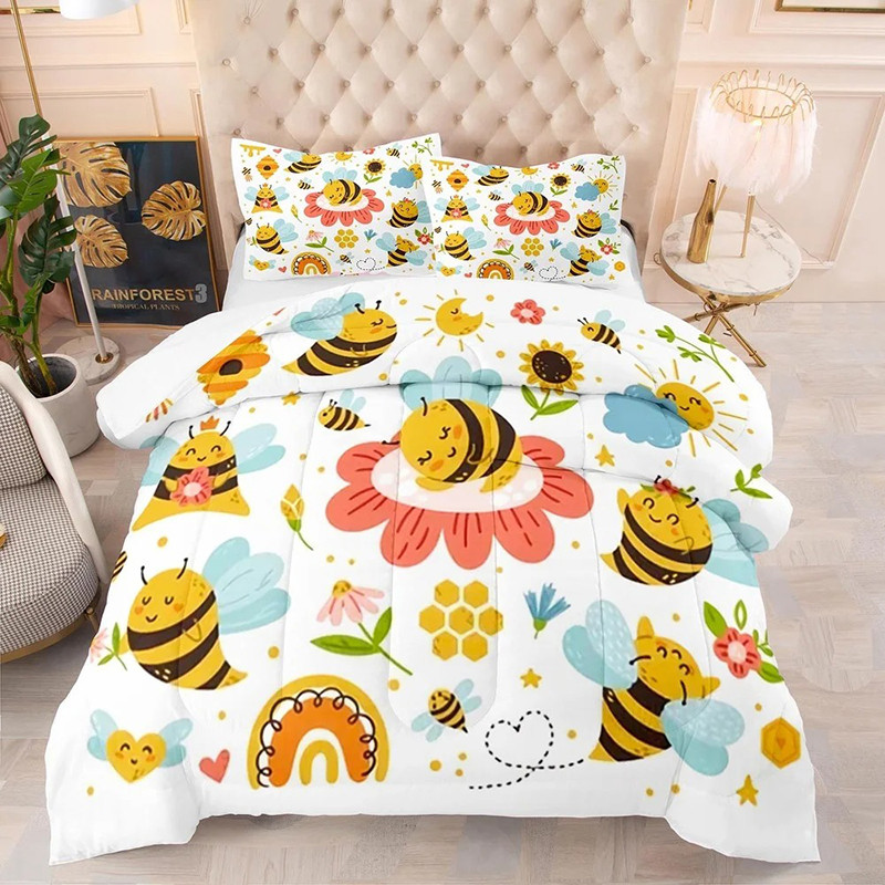 Parure de lit imprimée abeille avec petites abeilles qui sourient