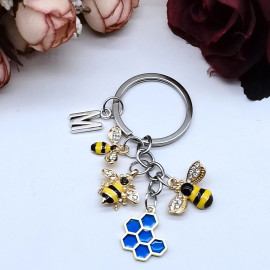 Porte-clé bijou breloques abeilles et lettre de votre prénom - bleu