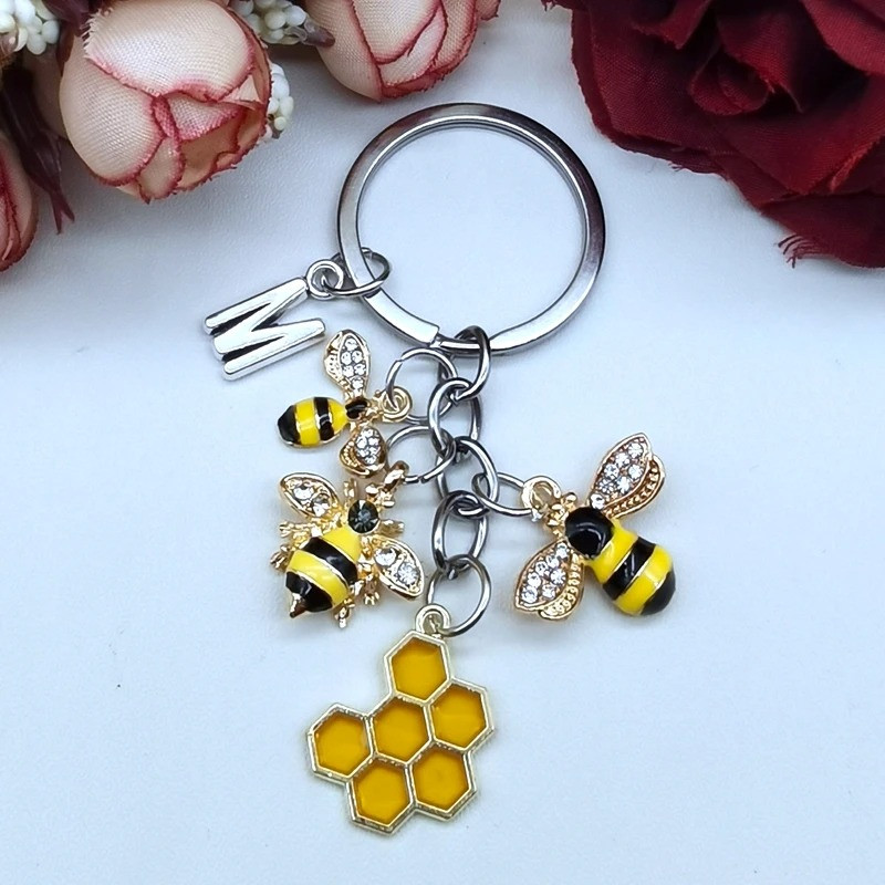 Porte-clé bijou breloques abeilles et lettre de votre prénom - jaune