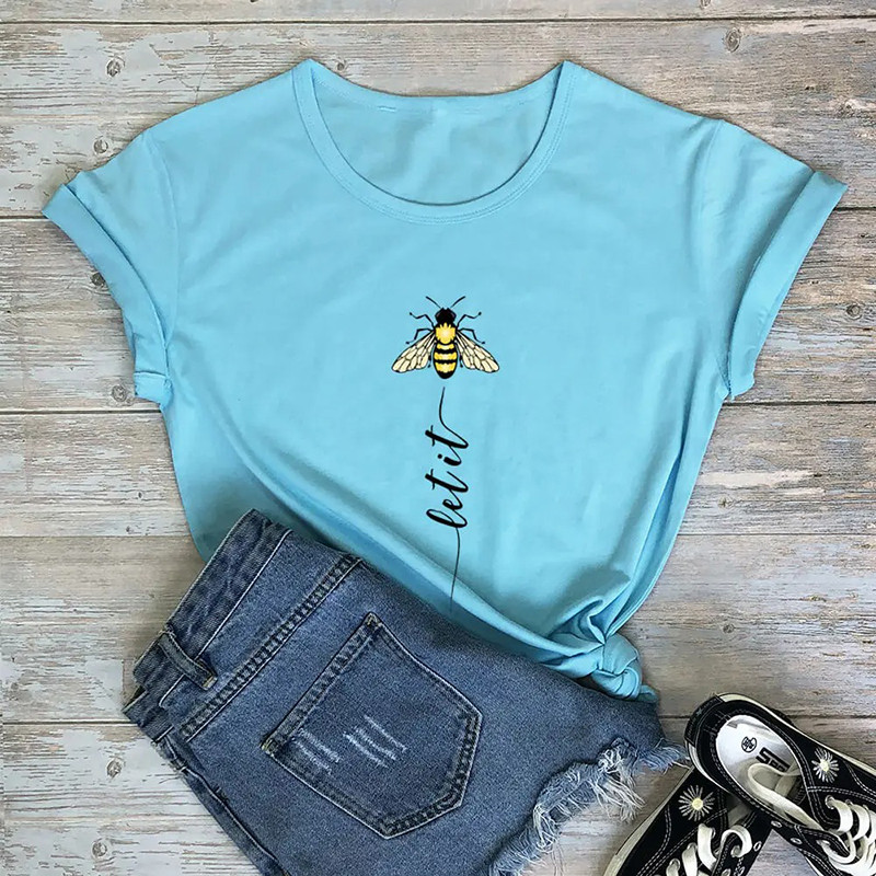 T-shirt Bee Happy à la verticale - couleur bleu