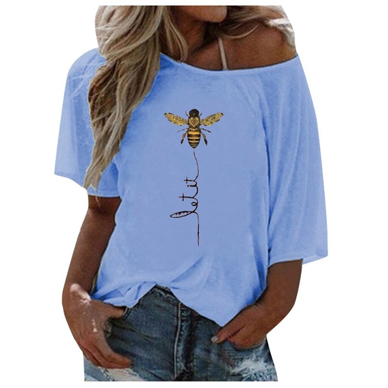 T-Shirt Let it Bee Abeille asymétrique épaule dénudée pour femme bleu