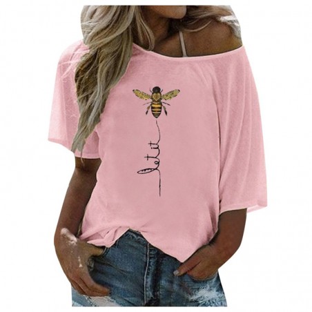 T-Shirt Let it Bee Abeille asymétrique épaule dénudée pour femme rose
