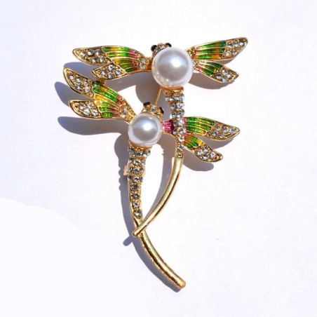 Élégante Broche double Libellules en Émail Multicolore avec perles