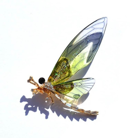 Broche Libellule Élégante avec ailes transparentes en Strass - couleur vert