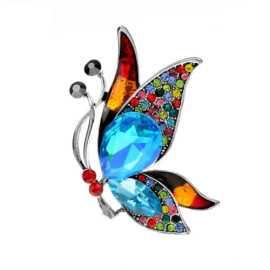 Broche Papillon en envol Multicolores en Strass Bleu