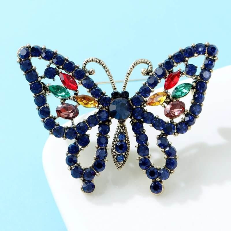 Broche Papillon Composée de Strass Couleur Bleu Foncé